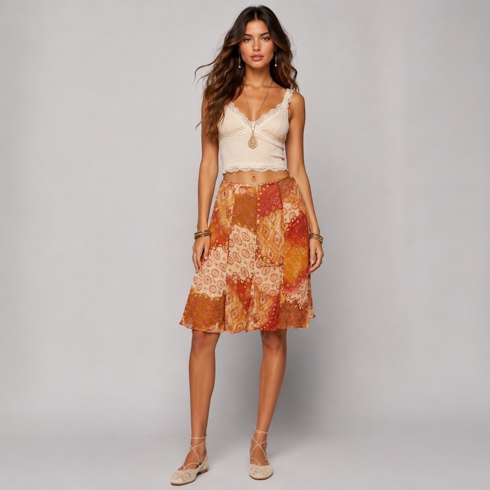 Vintage Y2K Skirt 12 Orange Paisley Floral Fairycore Boho Christopher & Banks